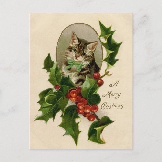 Carte Postale Chat Noël Joyau Holly Kitten Art antique (Devant)