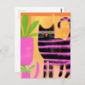 Carte Postale Chat Noir Adorable Avec Bandes Roses (Devant / Derrière)