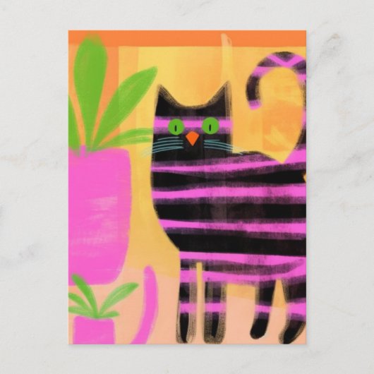Carte Postale Chat Noir Adorable Avec Bandes Roses (Devant)