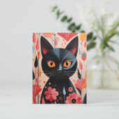Carte Postale Chat Noir Adorable Avec Fleurs Roses (Debout devant)