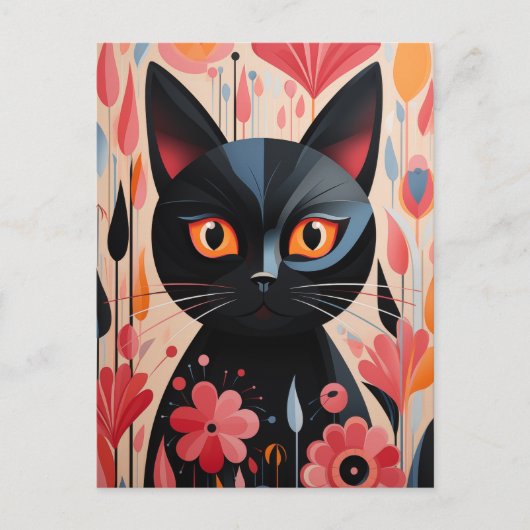 Carte Postale Chat Noir Adorable Avec Fleurs Roses (Devant)