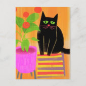 Carte Postale Chat Noir Adorable Avec Plantes (Devant)