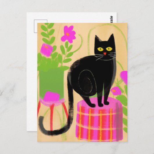 Carte Postale Chat Noir Adorable Avec Plantes (Devant / Derrière)