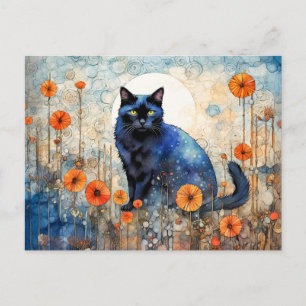 Carte Postale Chat noir aquarelle dans le champ de coquelicot