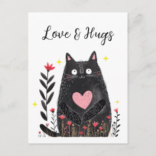 Carte Postale Chat noir aquarelle florale Amour et Câlins