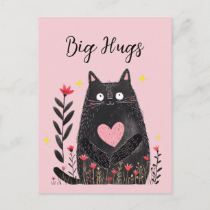 Carte Postale Chat noir aquarelle florale Cœur rose Gros câlins