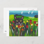Carte Postale Chat noir au milieu des tulipes (Devant / Derrière)