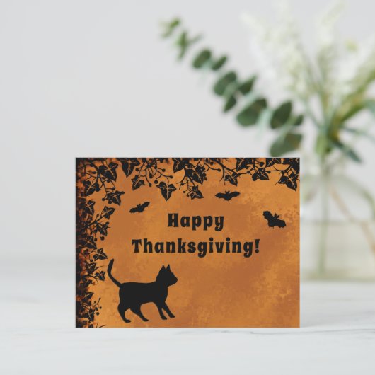 Carte Postale Chat noir avec chauve-souris, Bon thanksgiving (Debout devant)