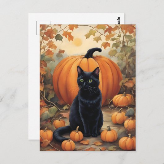 Carte Postale Chat noir avec Citrouille Halloween (Devant / Derrière)