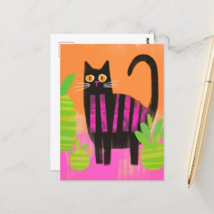 Carte Postale Chat Noir avec des rayures roses et des plantes mé
