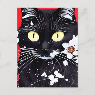 Carte Postale Chat noir avec Fleurs blanches Arrière - plan roug