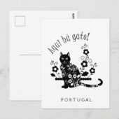 Carte Postale Chat noir avec fleurs et expression portugaise (Devant / Derrière)