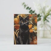 Carte Postale Chat Noir Avec Fleurs Oranges (Debout devant)