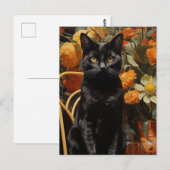 Carte Postale Chat Noir Avec Fleurs Oranges (Devant / Derrière)