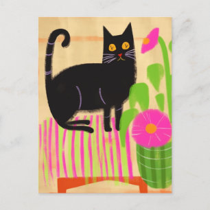 Carte Postale Chat Noir Avec Fleurs Roses