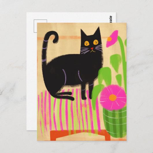 Carte Postale Chat Noir Avec Fleurs Roses (Devant / Derrière)