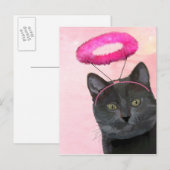 Carte Postale Chat Noir Avec Halo Angel Rose (Devant / Derrière)