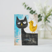 Carte Postale Chat noir avec oiseau jaune sur le dos (Debout devant)