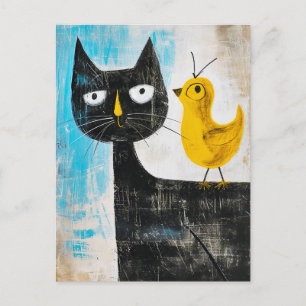 Carte Postale Chat noir avec oiseau jaune sur le dos