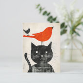 Carte Postale Chat noir avec Oiseau rouge et créature hybride (Debout devant)