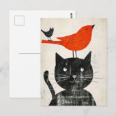 Carte Postale Chat noir avec Oiseau rouge et créature hybride (Devant / Derrière)