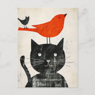 Carte Postale Chat noir avec Oiseau rouge et créature hybride
