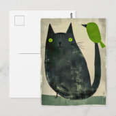 Carte Postale Chat noir avec oiseau vert sur la queue (Devant / Derrière)