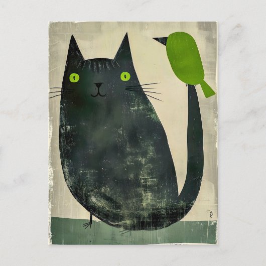 Carte Postale Chat noir avec oiseau vert sur la queue (Devant)