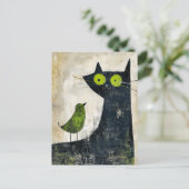 Carte Postale Chat noir avec oiseau vert sur le dos (Debout devant)