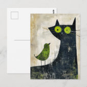 Carte Postale Chat noir avec oiseau vert sur le dos (Devant / Derrière)