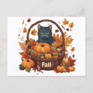 Carte Postale Chat noir avec panier de récolte d'automne
