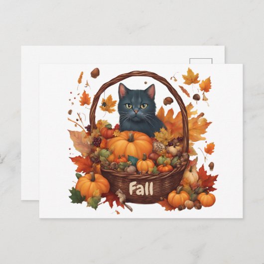 Carte Postale Chat noir avec panier de récolte d'automne (Devant / Derrière)