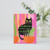 Carte Postale Chat Noir Avec Plantes Rose Vert Orange (Debout devant)