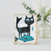 Carte Postale Chat noir avec poisson bleu (Debout devant)