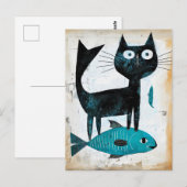 Carte Postale Chat noir avec poisson bleu (Devant / Derrière)