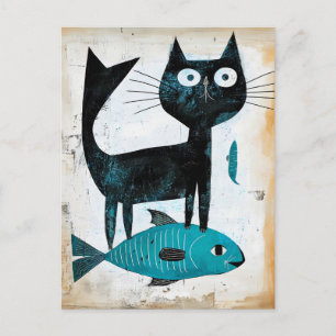 Carte Postale Chat noir avec poisson bleu