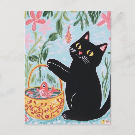 Carte Postale Chat noir avec poisson rouge (Devant)