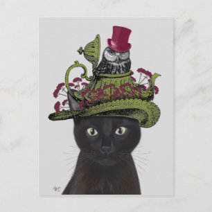Carte Postale Chat noir avec théière et hibou