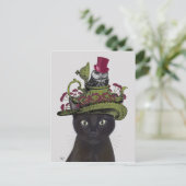 Carte Postale Chat noir avec théière et hibou (Debout devant)