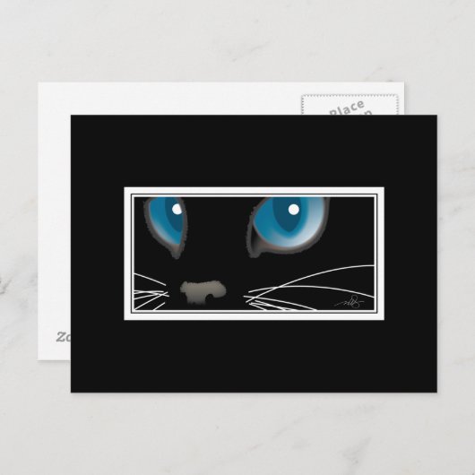 Carte Postale Chat noir avec yeux bleus (Devant / Derrière)