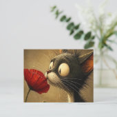 Carte postale Chat Noir & Blanc Fleur Rouge Rayure (Debout devant)