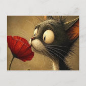 Carte postale Chat Noir & Blanc Fleur Rouge Rayure (Devant)