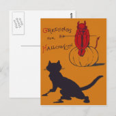 Carte Postale Chat Noir Citrouille Diable Démon Fourche à Trois (Devant / Derrière)