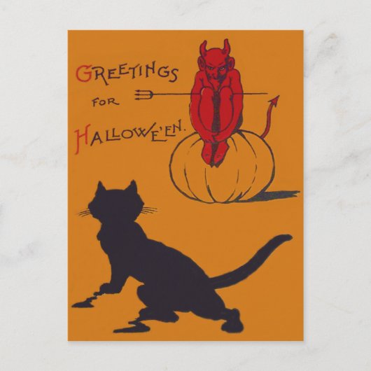 Carte Postale Chat Noir Citrouille Diable Démon Fourche à Trois (Devant)