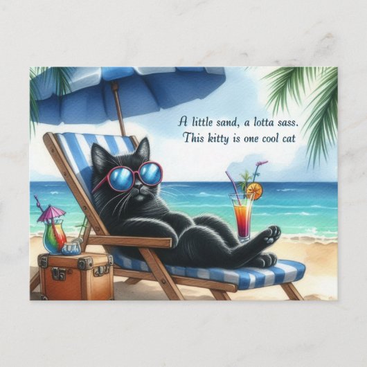 Carte Postale Chat noir cool à la plage (Devant)