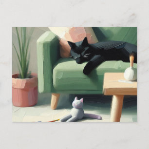 Carte Postale Chat noir couchant sur des Amoureux de les chats d