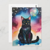 Carte Postale Chat noir dans l'aquarelle de nuit (Devant / Derrière)