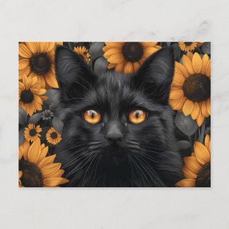 Carte Postale Chat noir dans le champ de tournesol