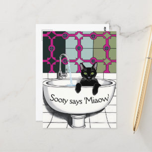 Carte Postale Chat noir dans un lavabo, Salle de lavage, pattes 