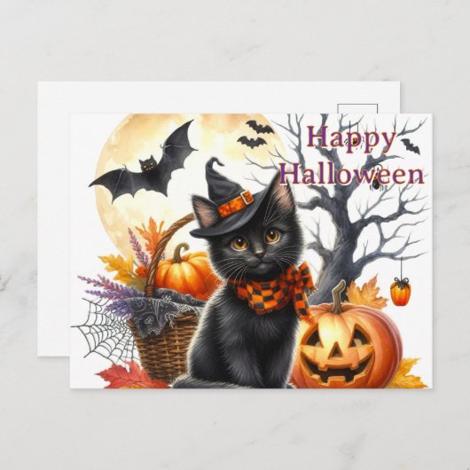 Carte Postale Chat noir d'Halloween (Devant / Derrière)